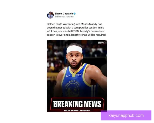 勇士官方宣布穆迪成功接受手术将缺席本赛季余下比赛预计完全康复